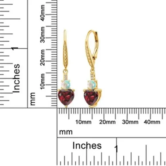 18K Yellow Gold with 3.13 Cttw Garnet and White Opal Heart Leverback Earrings
